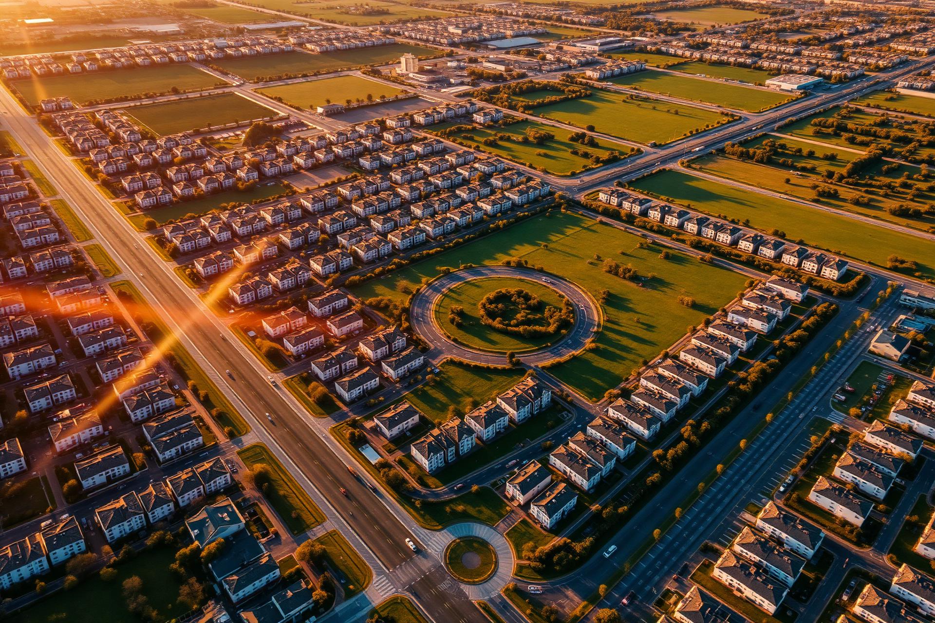 Vista aérea de loteamento imobiliário ao pôr do sol